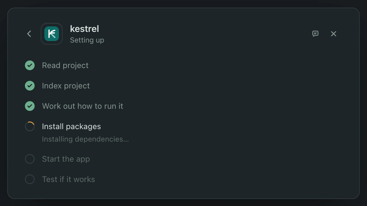 The setup sheet for a newly opened project: Read project, Index project and Work out how to run it are ticked, Install packages is in progress, Start the app and Test it works are still to come.