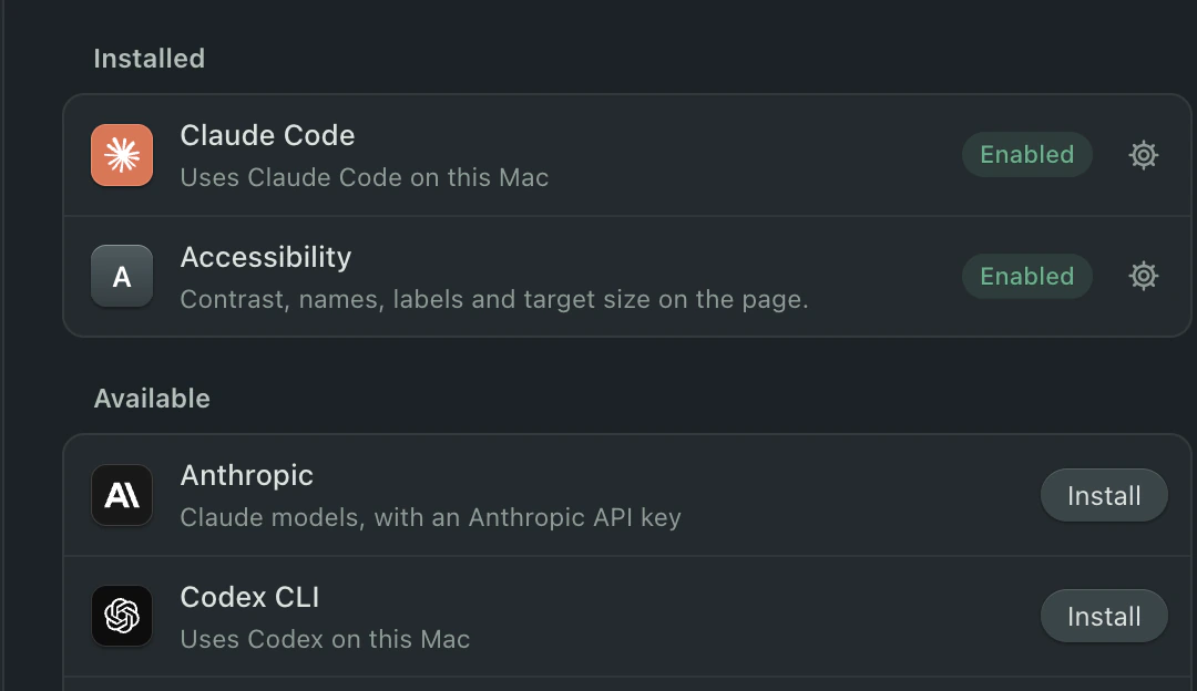 Settings, Plugins: Claude Code on this Mac and Accessibility installed and enabled; Anthropic, Codex CLI, OpenAI, Gemini CLI and Gemini available to install.