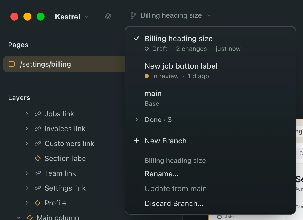 The branch menu in the title bar: Billing heading size, draft, 2 changes; New job button label, in review; main, the live version; and Done, 3, folded.