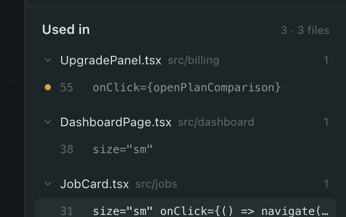 The component editor on GhostButton: sizes by states on the left, and on the right its Used in list with UpgradePanel.tsx line 55, DashboardPage.tsx line 38 and JobCard.tsx line 31 opened to show its props.
